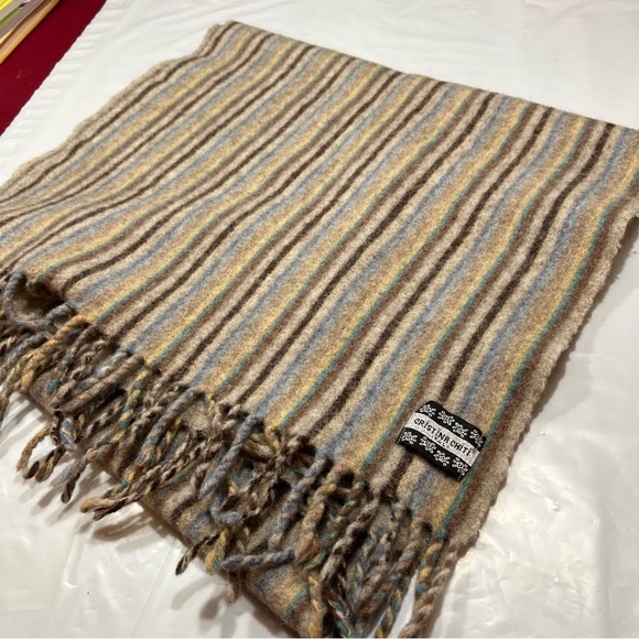 Christina Chiti WOOL shawl SCARF Tan Blue Cream STRIPED SHAWL fringe Wrap 17x65” - Picture 8 of 16